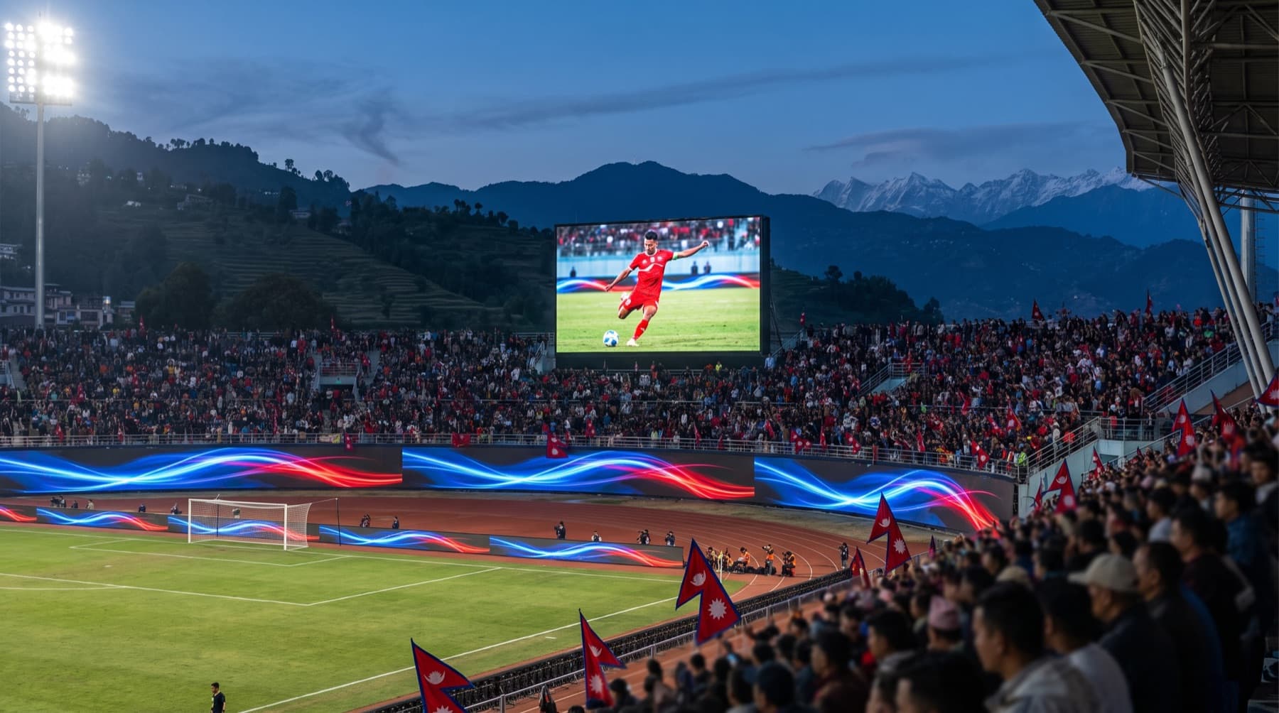 Stadium LED screen and perimeter boards, illustrative scene