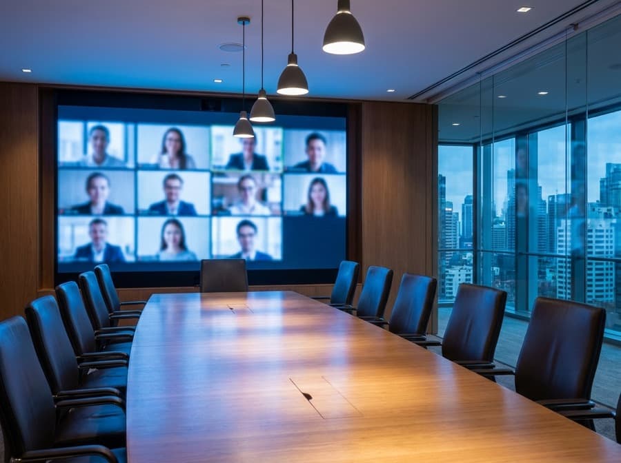 Boardroom LED wall viewed from the far end of the table